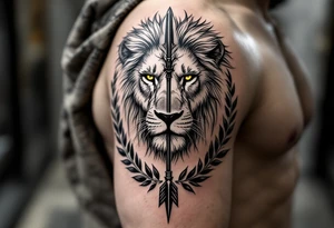 a spiritual lion with yellow eyes that come down a long arrow and surrounded by a olive tree leaf around tattoo idea