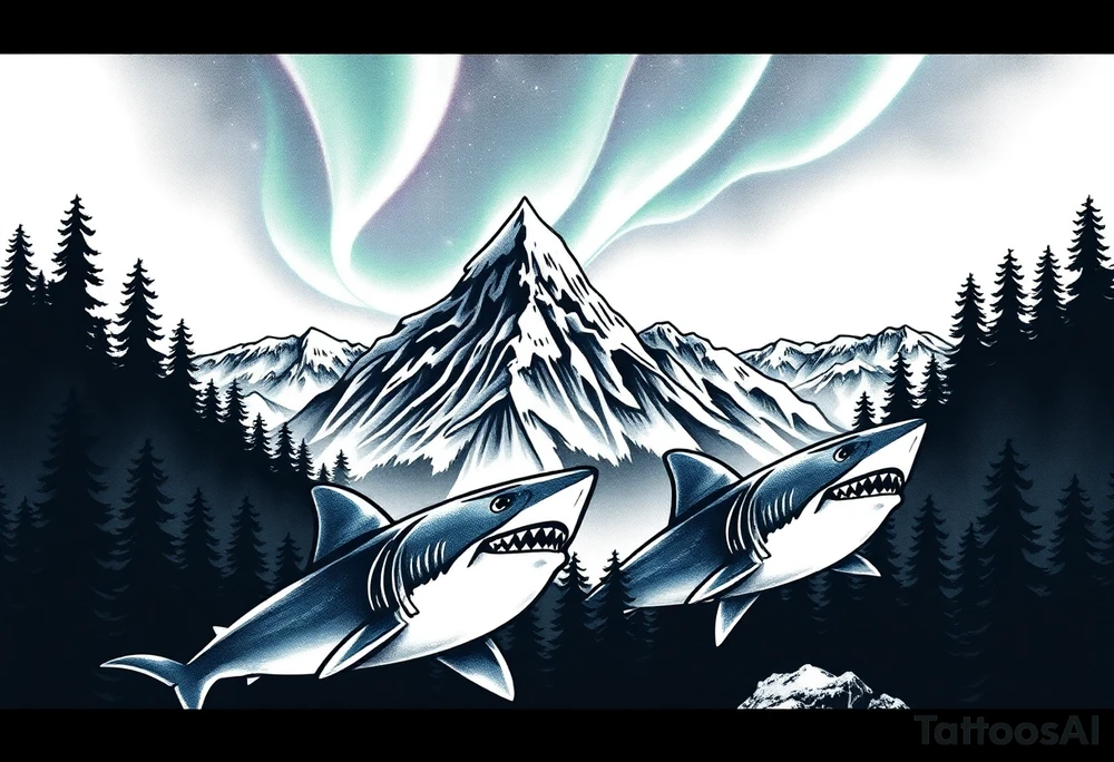 forest mountains under the northen lights with sharks tattoo idea