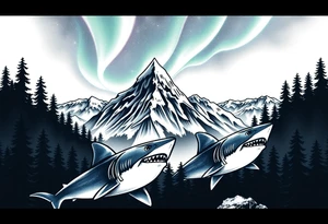 forest mountains under the northen lights with sharks tattoo idea