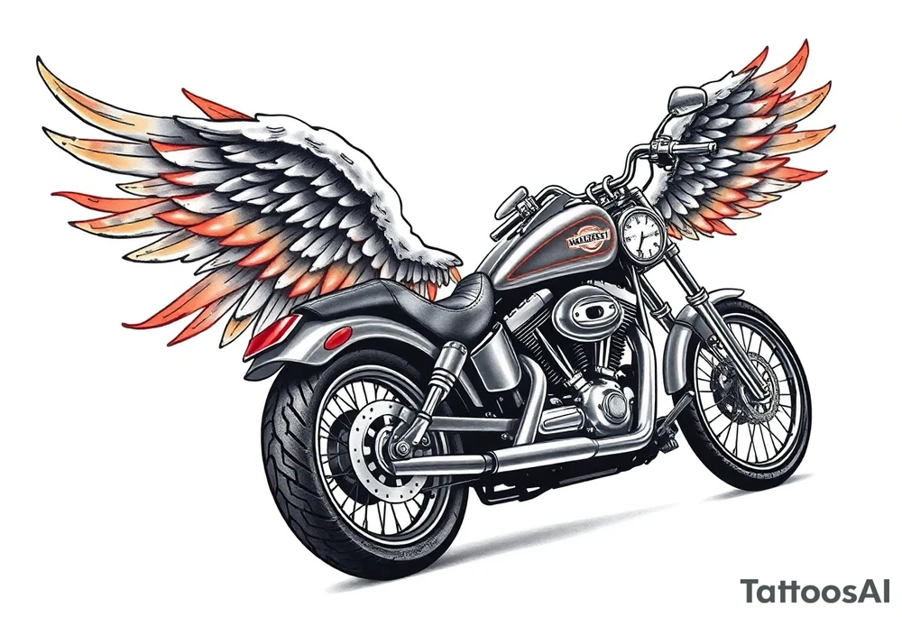 Harley grey motorcycle driving away, flames, angel wings tattoo idea