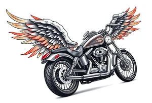 Harley grey motorcycle driving away, flames, angel wings tattoo idea