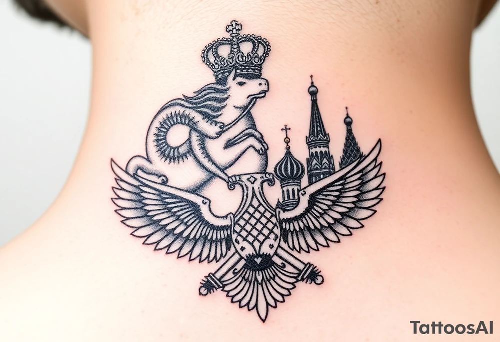 St. George slaying the dragon (hugely common in Russian Orthodox art)
Russian imperial crown above the eagle
Crossed swords or a Russian sabre
The Kremlin or St. Basil's Cathedral scene tattoo idea