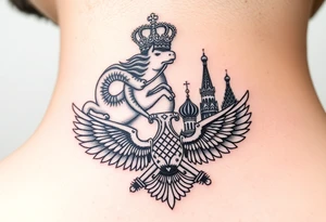 St. George slaying the dragon (hugely common in Russian Orthodox art)
Russian imperial crown above the eagle
Crossed swords or a Russian sabre
The Kremlin or St. Basil's Cathedral scene tattoo idea