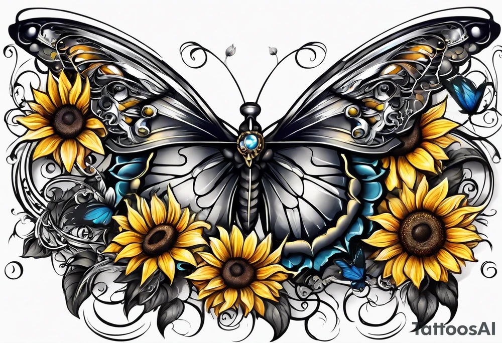 Arm sleeve with Winged cross with sunflower and butterflies tattoo idea