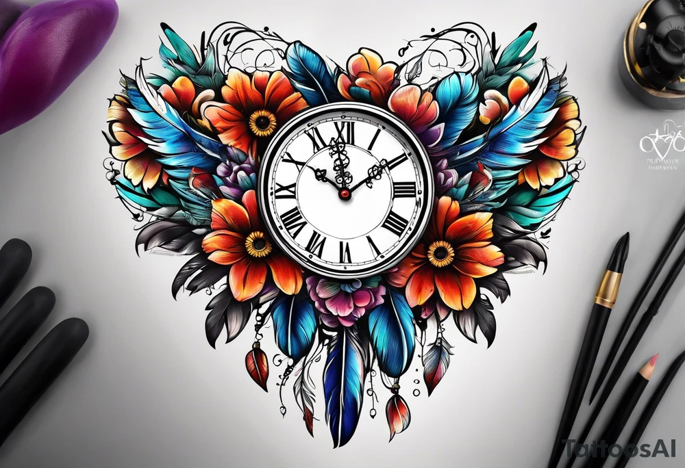 Shade feather clock flower heart tattoo idea