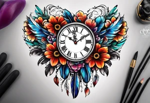 Shade feather clock flower heart tattoo idea