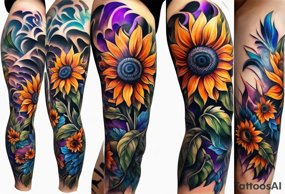 Full leg sleeve with purple, orange and blue sunflowers tattoo idea