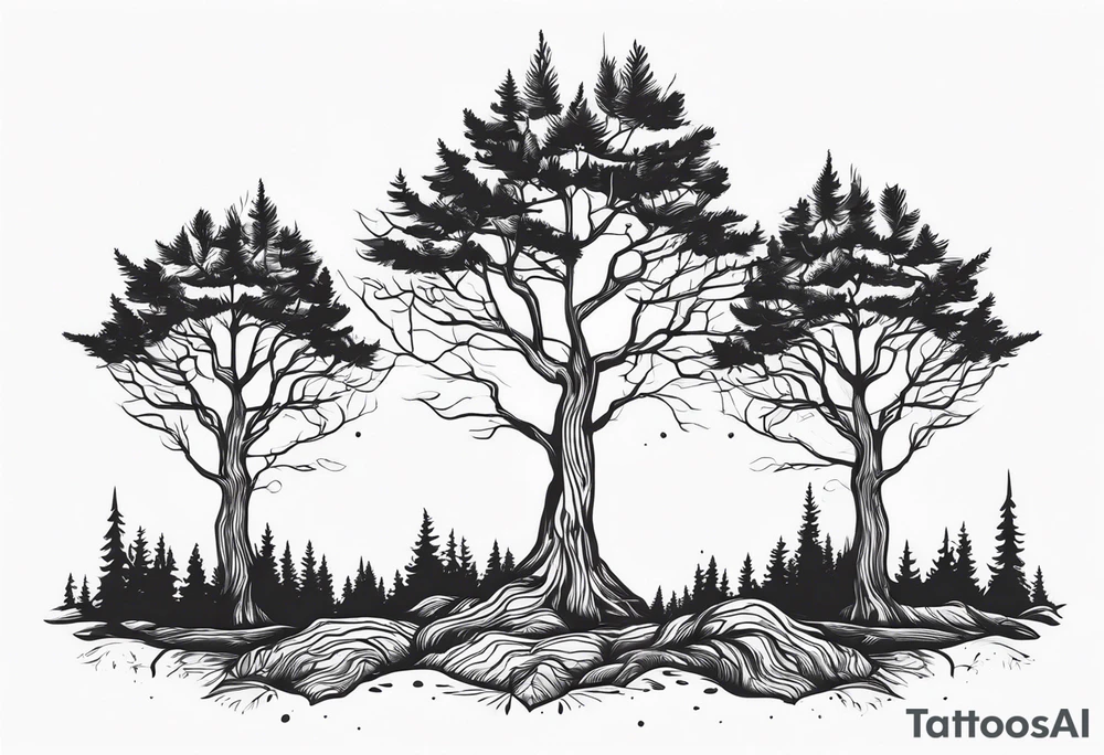 3 Forest trees growing out of the same root tattoo idea 3 Forest trees growing out of the same root tattoo idea