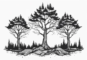 3 Forest trees growing out of the same root tattoo idea