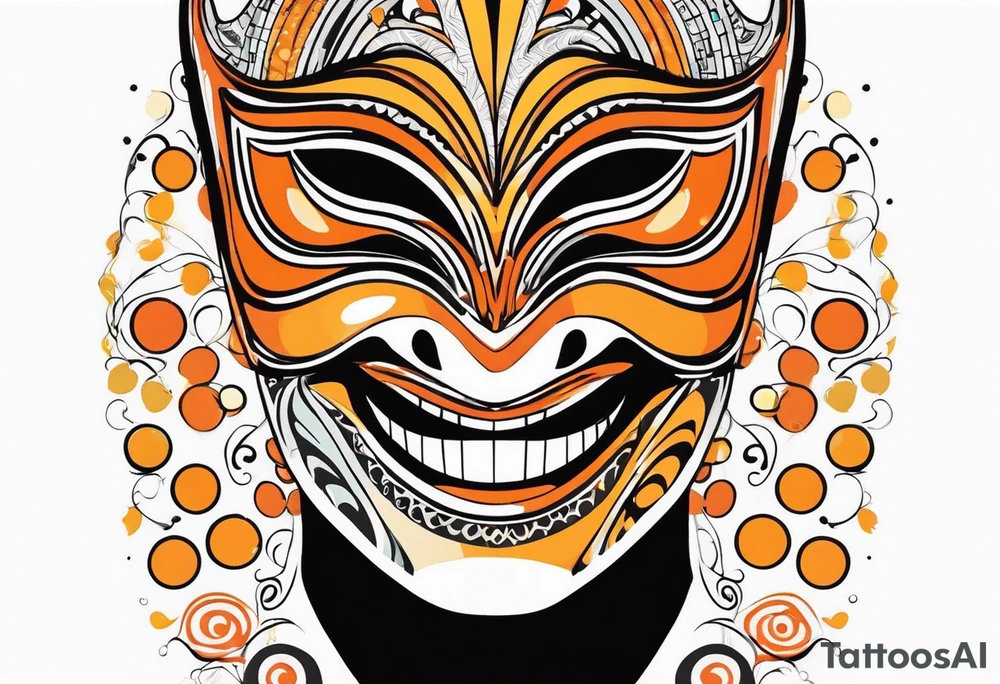Laughing Male masquerade mask with orange and black circles tattoo idea