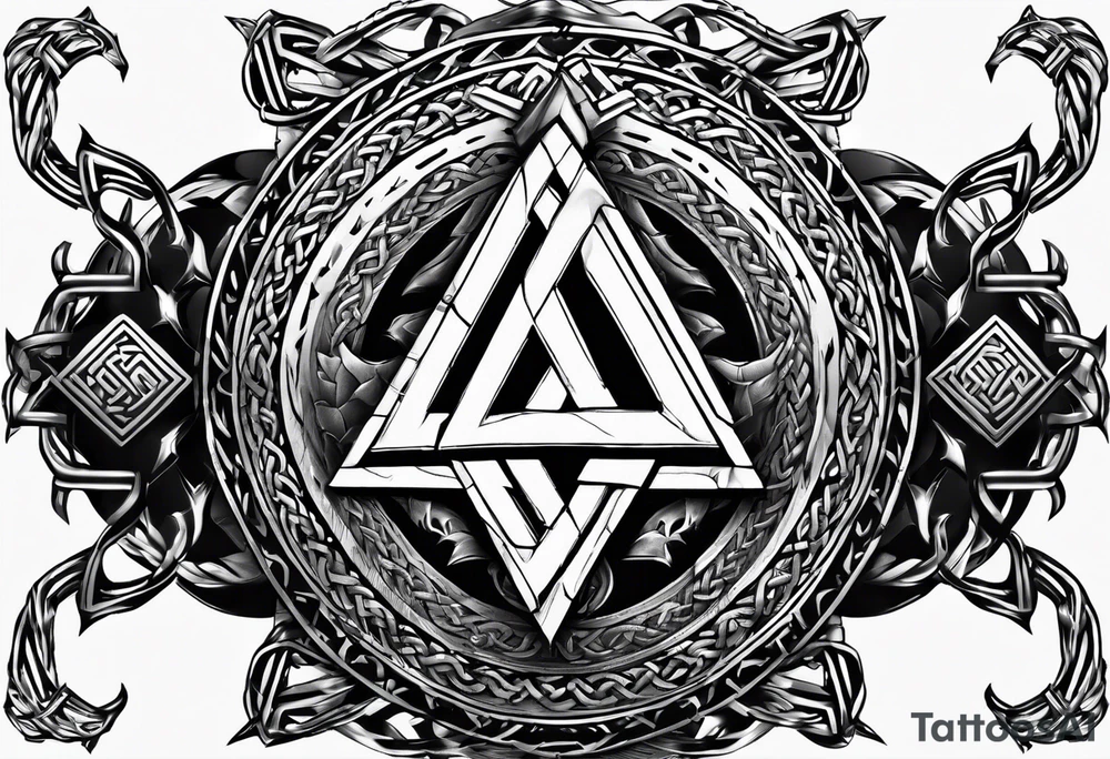 Valhalla  sword shield axe barbed wire chains valknut tattoo idea