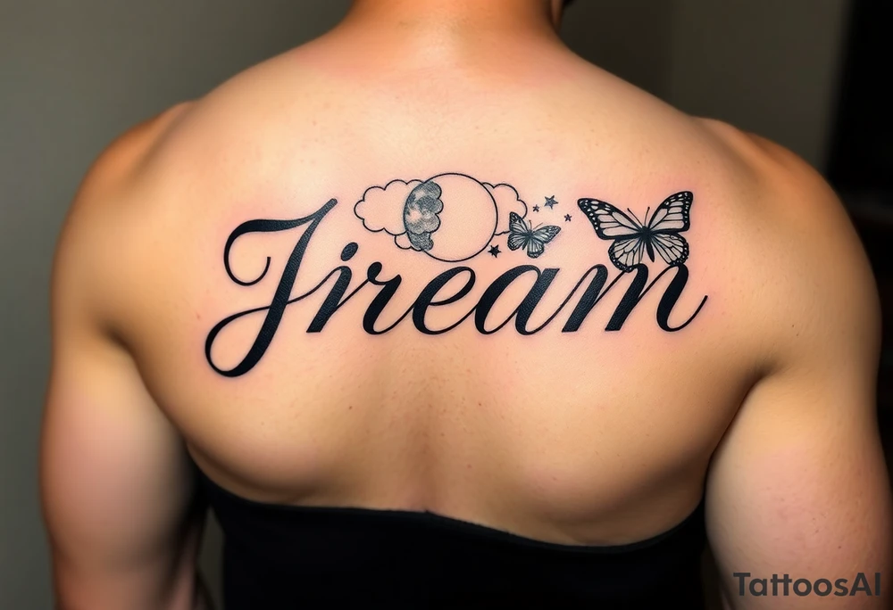 The name Jream in cursive with shaded clouds, a moon and butterfly’s with stars on forearm tattoo idea