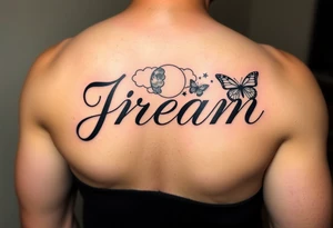 The name Jream in cursive with shaded clouds, a moon and butterfly’s with stars on forearm tattoo idea