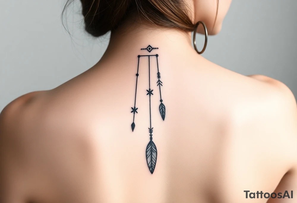 Thin spinal tattoo following down the spine in a native style with 3 vertical different lengths flowing lines made of a discreet connection of morse code ".--- .- --.     .-.. ... -.- .- .-.   -.. .. --.     .-.. .. .-.. .-.. . -... .-. --- .-. forming 3 arrow shapes connected to flowing feathers hanging from the morse code lines tattoo idea