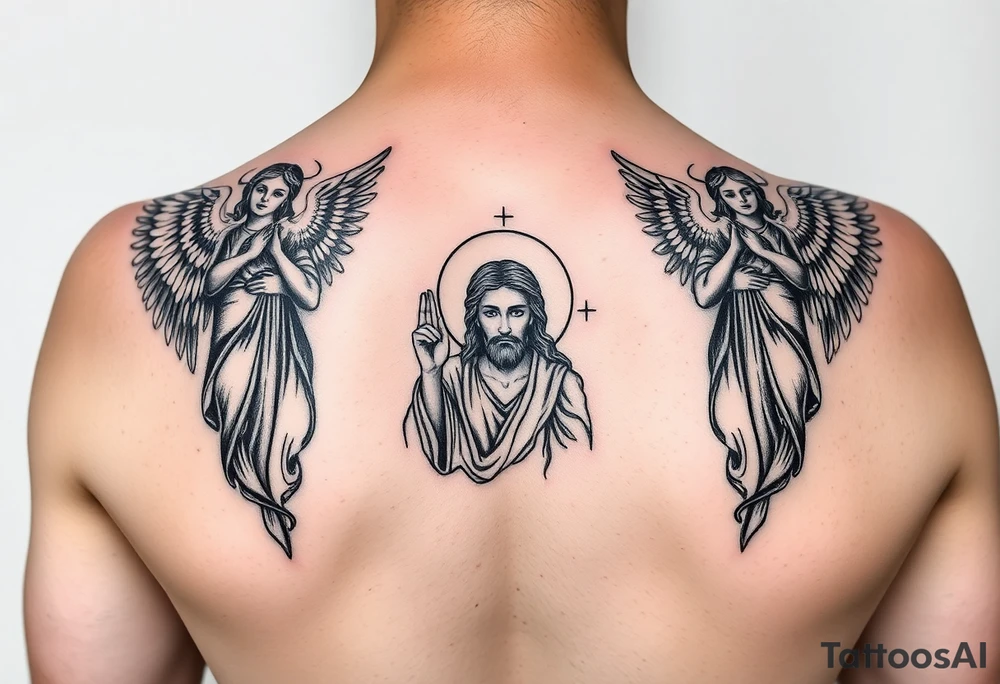russian orthodox symmetrical guardian angel icon on left and right side of back with both angels holding up a jesus potrait tattoo idea
