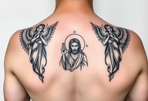 russian orthodox symmetrical guardian angel icon on left and right side of back with both angels holding up a jesus potrait tattoo idea