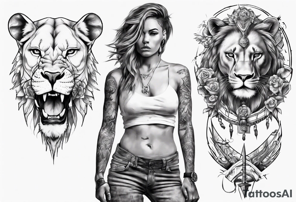 Lioness standing next to a warrior tattoo idea