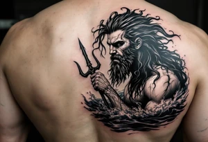 fit poseidon, with trident, in rough water, looking at the horizon tattoo idea