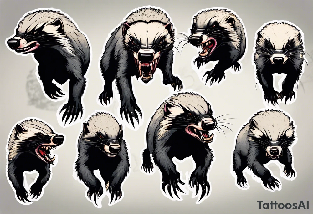 Angry, snarling, detailed full-length honey badger with numerous cuts tattoo idea