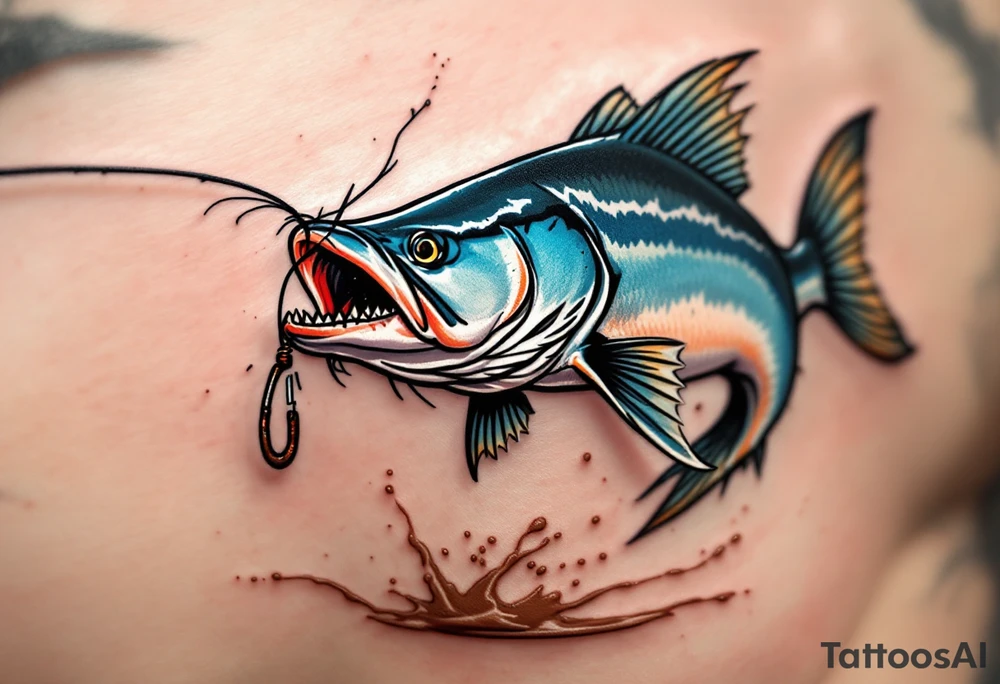 Catfish Catch Moment – A snapshot-style design of a realistic blue catfish just as it bites a rusted fishing hook, with splashes of muddy water and tension in the line—ideal for fishing enthusiasts. tattoo idea