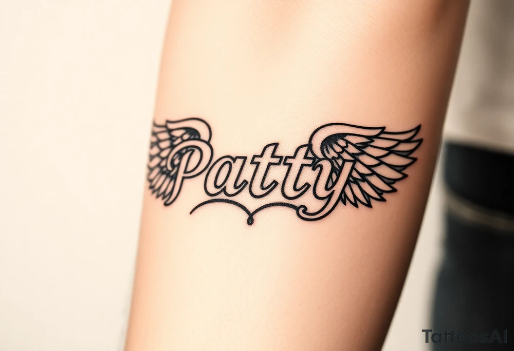 powerful majestic name patty saying LLP and wings around her name tattoo idea