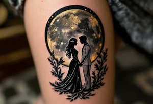 A silhouette of a royal couple holding hands under a black and gold moonlit sky. tattoo idea