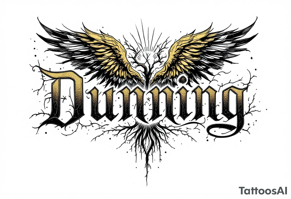 Dunning, details include bold strong font, gold highlights, theme of wealth and angel wings, Trees tattoo idea