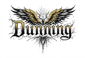 Dunning, details include bold strong font, gold highlights, theme of wealth and angel wings, Trees tattoo idea