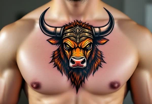 Gladiator Bull – Strong bull with armor helm over its forehead, fur in burnished bronze and dusty brown, and war paint streaked across the eyes. tattoo idea