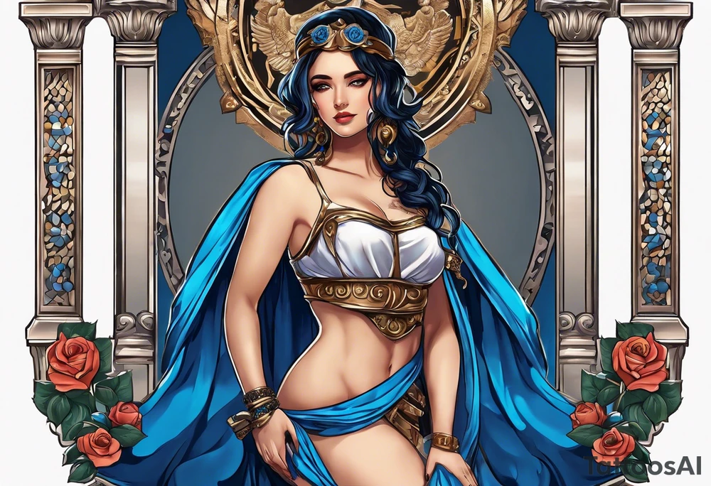 ancient rome clothes ,women,,ancient scale in one hand, blue rose frames, justicia ,keeps  scale tattoo idea
