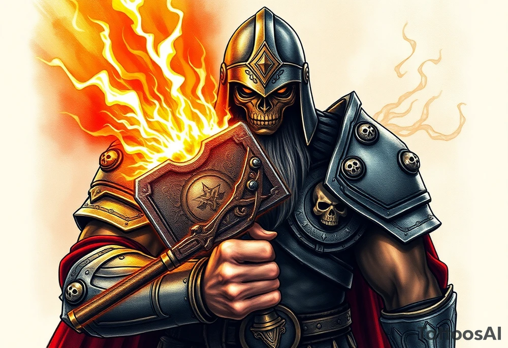 Warhammer, the Old World. A warrior priest of Sigmar holding The Warhammer of Sigmar. The Warhammer of Sigmar is radiating thunderous energy. The Warhammer is held by the warrior priest with both hands at the handle with a firm grip inorder to contain its unlimited energy, upon his chest level. The Warrior priest is wearing dark alloyed heavy armour (reference armor from warhammer vermintide 2 Victor Saltzpyres, the warrior priest of Sigmar class) with skull sigils on his shoulder pads. The warrior priest is wearing a helmet, while the helmets front visor has an humanoid face covering. The helmet and armour are gladened with hints of gold and crimson red. The Warhammer is silverish and golden with a long handle tattoo idea