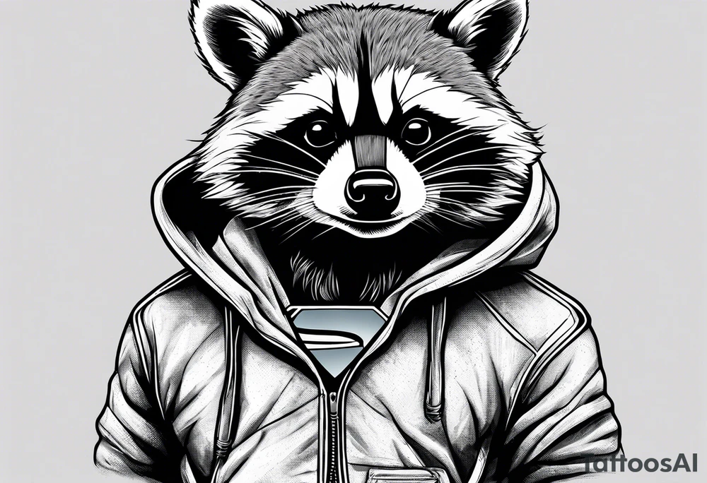 raccoon wearing a Superman hoodie tattoo idea