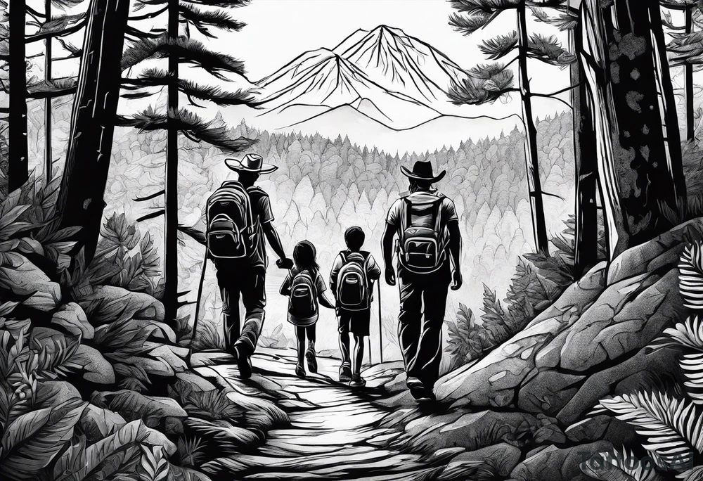 A man  with his family hiking through the Forrest. Add Mexican frame tattoo idea