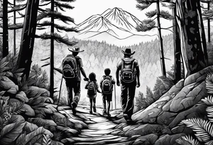 A man  with his family hiking through the Forrest. Add Mexican frame tattoo idea