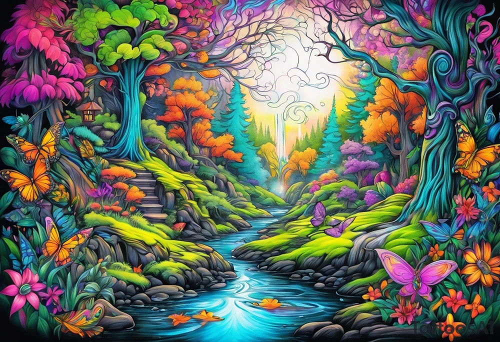 Fairies in forest neon colors tattoo idea