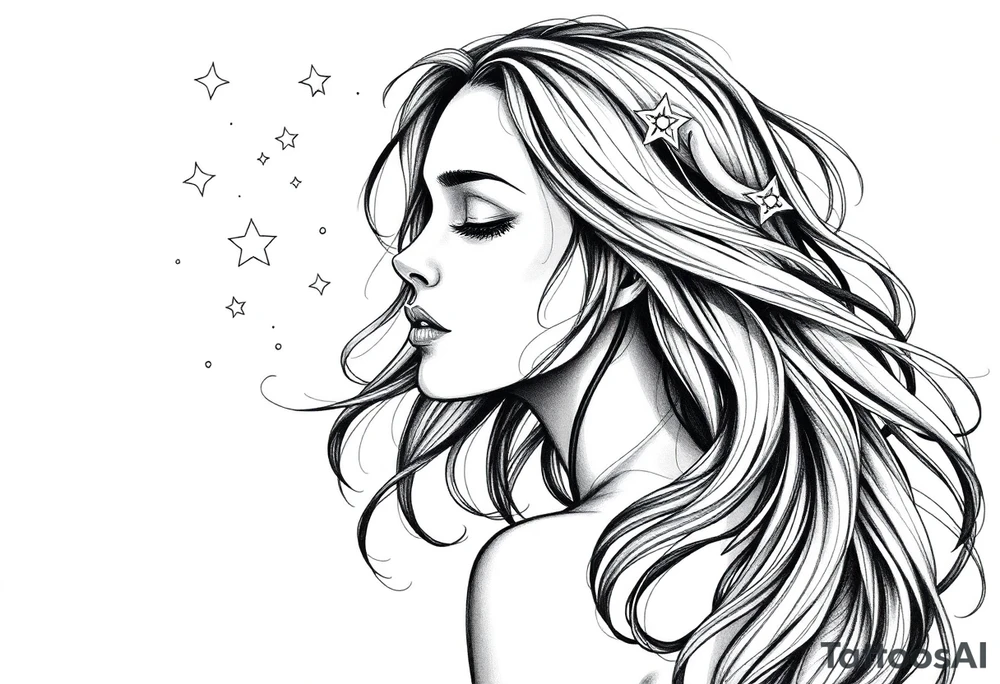 ethereal faceless woman with flowing hair and beautiful celestial stars tattoo idea