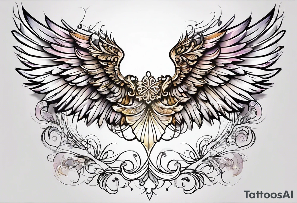 beautiful angel wings. with flilgree in the background tattoo idea