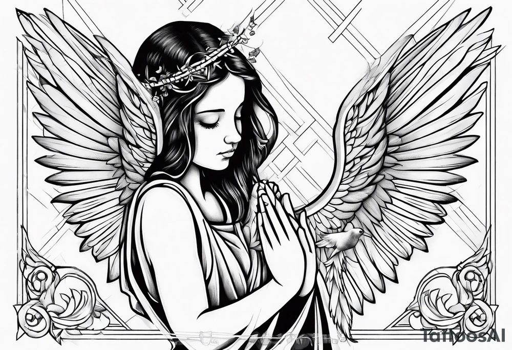 Angel baby praying hands birds flying Jesus cross tattoo idea