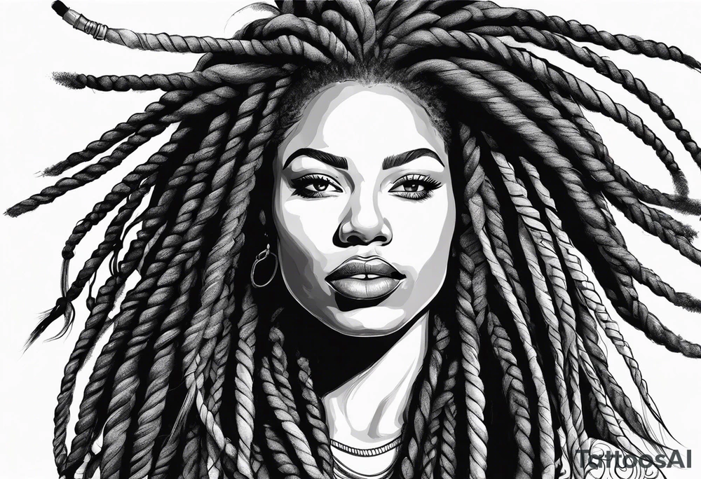 Draw a women head with real dread locks flying in the air, tattoo idea
