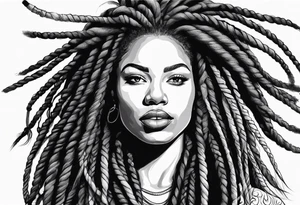 Draw a women head with real dread locks flying in the air, tattoo idea