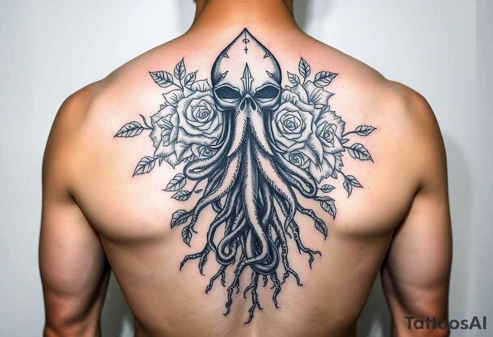 Gods hand, squid knight with roses and tree roots tattoo idea Gods hand, squid knight with roses and tree roots tattoo idea