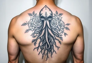 Gods hand, squid knight with roses and tree roots tattoo idea