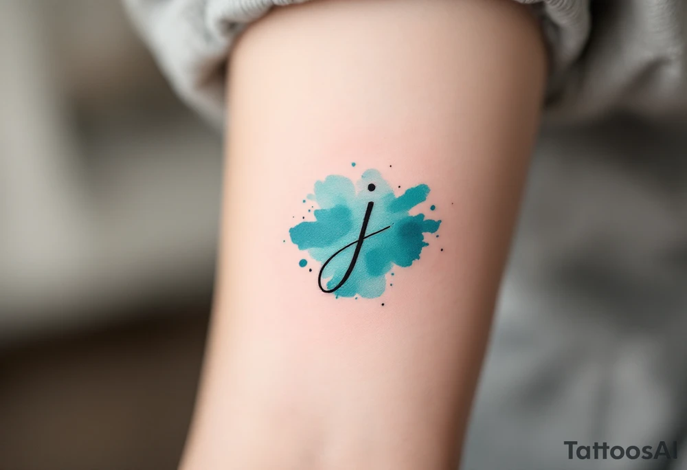 Minimalist thin-line "J" in crisp black, floating above a soft watercolor teal splash. tattoo idea