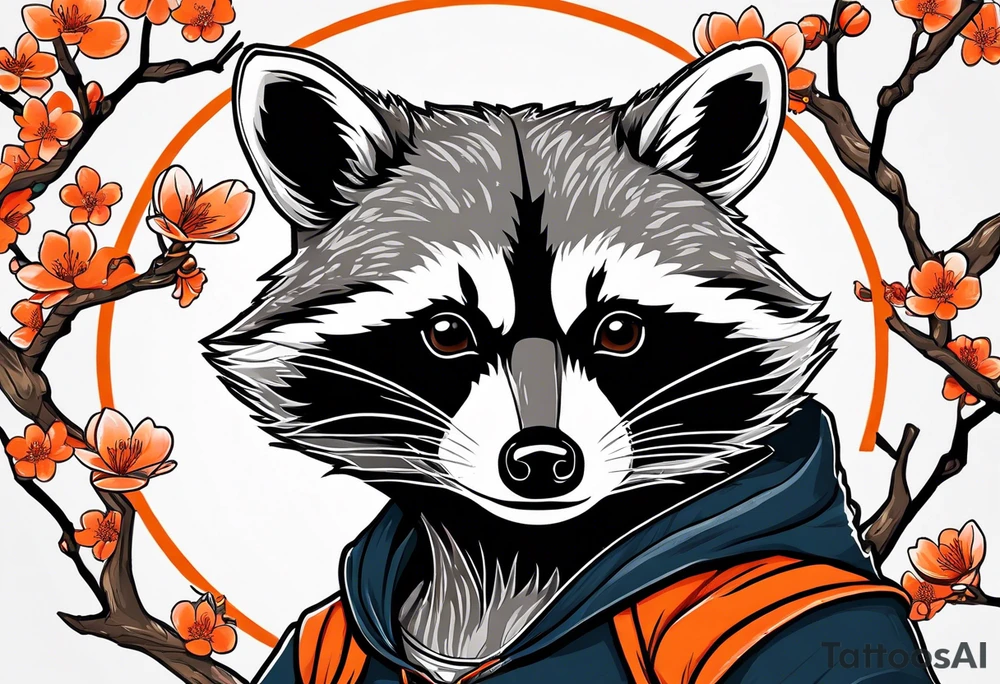 Raccoon wearing a white Superman logo on a black hoodie and orange Japanese cherry blossoms tattoo idea