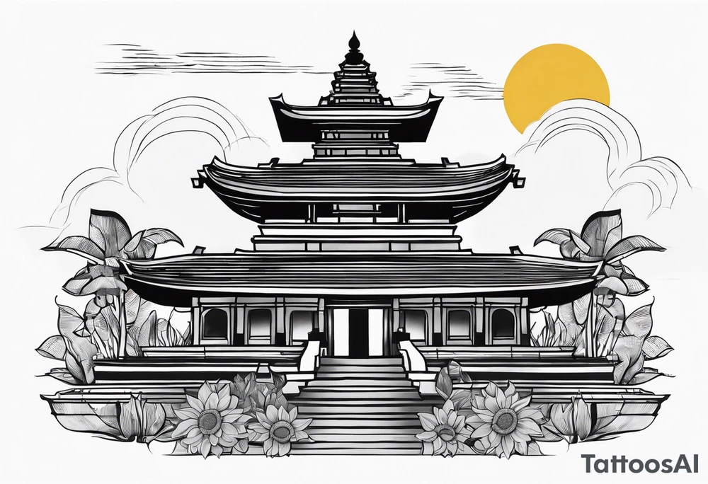 Bali temples black and grey with sunflower tattoo idea