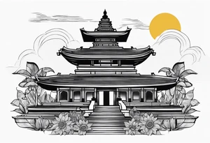 Bali temples black and grey with sunflower tattoo idea