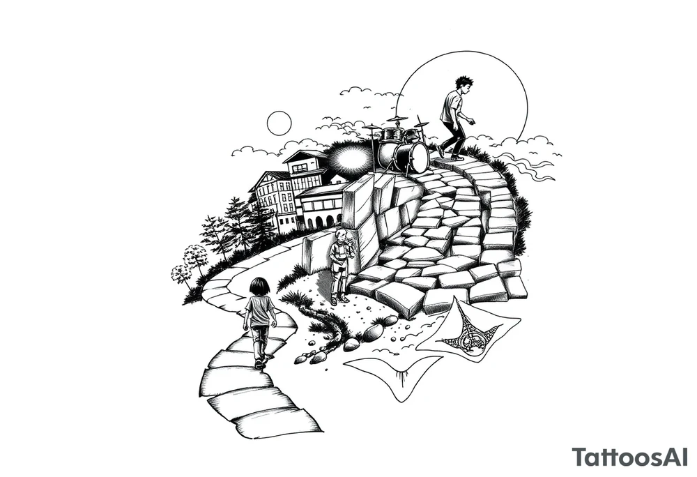 designing a black and white tattoo for a half-sleeve on shoulder: path beginning in the bottom end and winding upwards. The first third starting at the bottom. On the left are a few trees and on the right side a village and a school. A child is walking the path. On the second third, the path changes to a street. On its right side is a city and on its left side a few friends, which are attending a heavy metal concert, which is taking place on a stage. The child has grown into adolescence and is walking the street with a skateboard in one hand. On the third third, there is a man on the still upwards winding street, with drum sticks in one hand. There is a japanese Tori on the street and on the left, the streets changes to a beach. In the sea a manta ray is visible. tattoo idea