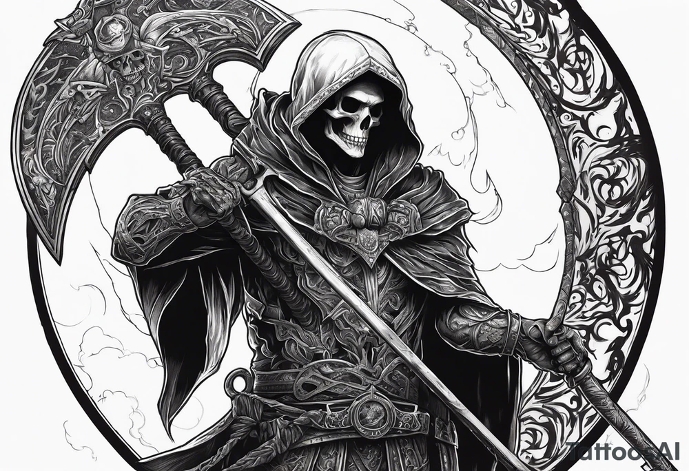 Necromancer holding a large scythe in 1 hand and raising a skeletal warrior under his other hand that is glowing tattoo idea