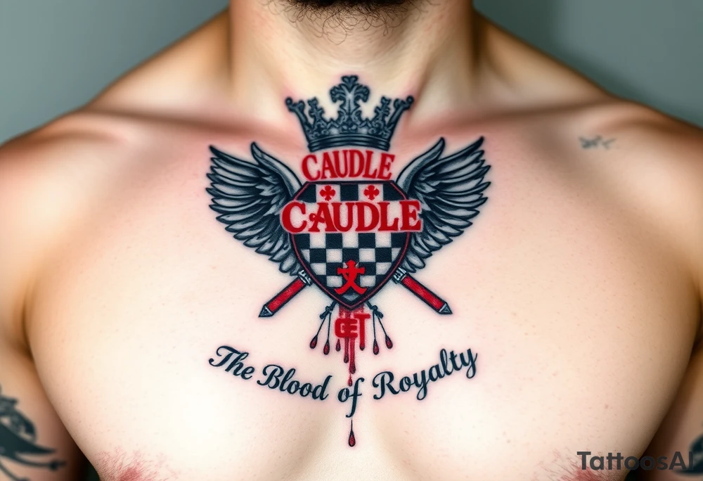 Men Doom Crest  with A Giant King Crown, CAUDLE written inside red, a chessboard, blood splatter on top of two red racing flags & OTF inside, The Words The Blood Of Royalty in red underneath the crest & 🌍 symbol in red outside of the crest, And raining blood drops, Jets/Airplanes/Helicopters/explosives tattoo idea