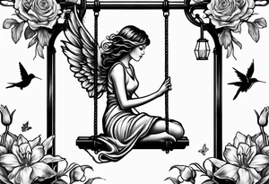 crying broken angel on swing with rose, lily daffodil, daisy, carnation narcissus and hummingbird tattoo idea